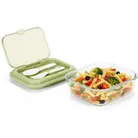 Cheffinger Lunchbox met Bestek - Glas - Groen - Bentobox - Multifunctioneel Voor Werk en School - Meal Prep Bakje