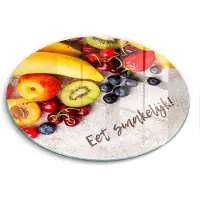 Wallfluent Glazen Snijplanken - Fruit, Eet smakelijk! Snijplanken Glas - fi30 cm - Veelkleurig Snijplanken van Glas - Glazen Keukenplank - Decoratieve Glazen Snijplank - Glazen Snijplank met Antislip