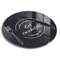 Wallfluent Glazen Snijplanken - Eet smakelijk! Snijplanken Glas - fi40 cm - Zwart Snijplanken van Glas - Glazen Hakplank - Design Glazen Snijplank Keuken - Antislip Glazen Serveerplank