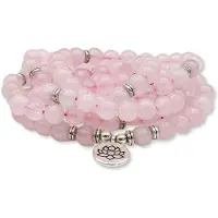 Marama - Mala Ketting Roze Rozenkwarts-Lotus - edelsteen - wikkelarmband - mala - roze - elastisch - met ronde lotus hanger - damesarmband