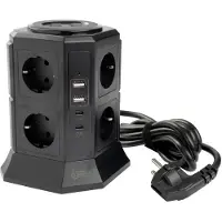 123inkt stekkerdoos toren met 8 stopcontacten en 4 USB zwart (2 meter)