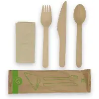 Verive waxxed houten bestekset 3/1 vork/mes/servet bruin | voorverpakt | 100 stuks wegwerp