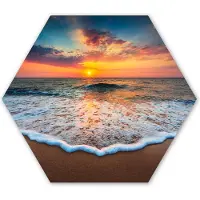 MuchoWow Hexagon wanddecoratie - Kunststof Wanddecoratie - Hexagon Schilderij - Strand - Zee - Zonsondergang - 120x103 cm
