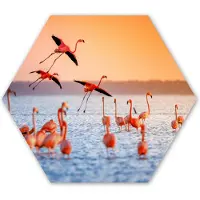 MuchoWow Hexagon wanddecoratie - Kunststof Wanddecoratie - Hexagon Schilderij - Vogel - Flamingo - Water - Zonsondergang - Roze - 120x103 cm