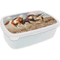 MuchoWow Broodtrommel Wit - Lunchbox Paarden - Dieren - Gras - Vacht - Brooddoos 18x12x6 cm - Brood lunch box - Broodtrommels voor kinderen en volwassenen