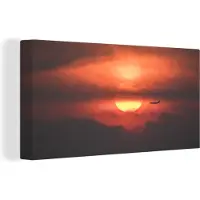 MuchoWow Canvas Schilderij Zonsondergang met silhouet van vliegtuig - 80x40 cm - Wanddecoratie