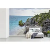 MuchoWow Behang - Fotobehang Strand bij het Mexicaanse Tulum met ruïnes - Breedte 390 cm x hoogte 260 cm