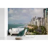 MuchoWow Fotobehang vinyl - Wolkenkrabbers aan de Boa Viagem van Recife breedte 390 cm x hoogte 260 cm - Foto print op behang (in 7 formaten beschikbaar)