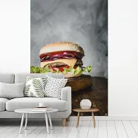 MuchoWow Behang - Fotobehang Broodje hamburger met rode uien en kaas - Breedte 175 cm x hoogte 260 cm
