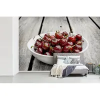 MuchoWow Behang - Fotobehang Kersen - Schaal - Tafel - Breedte 450 cm x hoogte 300 cm