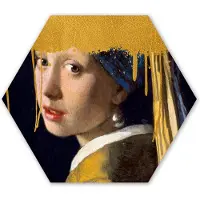 MuchoWow Hexagon wanddecoratie - Kunststof Wanddecoratie - Hexagon Schilderij - Meisje met de parel - Goud - Vermeer - 75x65 cm