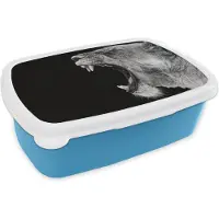 MuchoWow Broodtrommel Blauw - Lunchbox - Brooddoos - Dieren - Leeuw - Zwart - Wit - Portret - 18x12x6 cm - Kinderen - Jongen