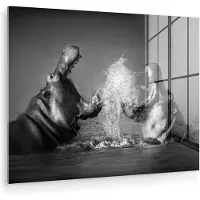 MuchoWow Glasschilderij - Foto op glas - Acrylglas - Dieren - Nijlpaard - Water - Zwart - Wit - Muurdecoratie - 40x30 cm - Wanddecoratie dieren - Schilderij glas