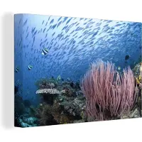 MuchoWow Canvas schilderij 180x120 cm - Wanddecoratie Rif met een school vissen - Muurdecoratie woonkamer - Slaapkamer decoratie - Kamer accessoires - Schilderijen