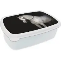 MuchoWow Broodtrommel Wit - Lunchbox Paard - Wit - Zwart - Brooddoos 18x12x6 cm - Brood lunch box - Broodtrommels voor kinderen en volwassenen
