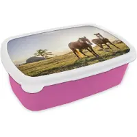 MuchoWow Broodtrommel Roze - Lunchbox Paarden - Zon - Gras - Brooddoos 18x12x6 cm - Brood lunch box - Broodtrommels voor kinderen en volwassenen