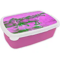MuchoWow Broodtrommel Roze - Lunchbox Paarden - Water - Roze - Groen - Meisjes - Kinderen - Meiden - Brooddoos 18x12x6 cm - Brood lunch box - Broodtrommels voor kinderen en volwassenen