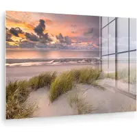 MuchoWow Glasschilderij natuur - Strand - Zee - Duin - Zonsondergang - Foto op glas - Wanddecoratie - Glasschilderij strand - 150x100 cm - Acrylglas - Muurdecoratie - glasschilderijen woonkamer
