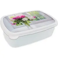 MuchoWow Broodtrommel Wit - Lunchbox - Brooddoos - Bloemen - Pioenrozen - Vaas - 18x12x6 cm - Volwassenen