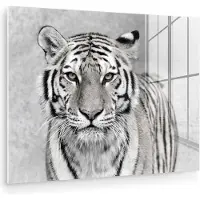MuchoWow Glasschilderij - Dieren - Tijger - Natuur - Zwart - Wit - Foto op glas - Wanddecoratie - Muurdecoratie - Acrylglas - 120x90 cm - Kamer decoratie - Slaapkamer