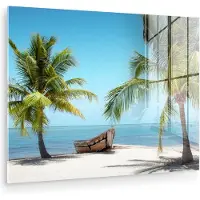 MuchoWow Glasschilderij 160x120 cm - Schilderij acrylglas - Palmboom - Boot - Strand - Foto op glas - Muurdecoratie woonkamer - Wanddecoratie slaapkamer - Schilderijen
