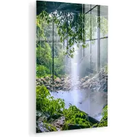 MuchoWow Glasschilderij 100x150 cm - Schilderij acrylglas - Jungle - Regenwoud - Water - Waterval - Planten - Foto op glas - Muurdecoratie woonkamer - Wanddecoratie slaapkamer - Schilderijen
