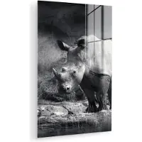 MuchoWow Glasschilderij - Wilde dieren - Neushoorn - Natuur - Gras - Foto op glas - Muurdecoratie - Acrylglas - Wanddecoratie - 120x180 cm - Schilderijen woonkamer - Woondecoratie