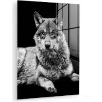 MuchoWow Glasschilderij - Foto op glas - Wilde dieren - Wolf - Zwart - Wit - Acrylglas - 120x160 cm - Glasschilderij wolf - Glasschilderij dieren - Schilderij glas - Muurdecoratie - Woonkamer