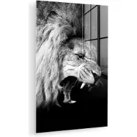 MuchoWow Glasschilderij - Foto op glas - Acrylglas - Dieren - Leeuw - Zwart - Wit - 60x90 cm - Kamerdecoratie - Glasschilderij dieren - Muurdecoratie glas - Glasschilderij leeuw