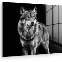 MuchoWow Glasschilderij - Foto op glas - Acrylglas - Wilde dieren - Wolf - Zwart-wit - Slaapkamer - 160x120 cm - Glasschilderij dieren - Muurdecoratie glas - Glasschilderij wolf - Kamer decoratie