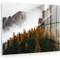 MuchoWow Glasschilderij 160x120 cm - Schilderij acrylglas - Berg - Mist - Bos - Foto op glas - Muurdecoratie woonkamer - Wanddecoratie slaapkamer - Schilderijen
