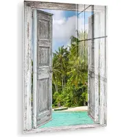 MuchoWow Glasschilderij 120x160 cm - Schilderij acrylglas - Palm - Zee - Doorkijk - Tropisch - Foto op glas - Muurdecoratie woonkamer - Wanddecoratie slaapkamer - Schilderijen