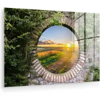 MuchoWow Glasschilderij 180x120 cm - Schilderij acrylglas - Platteland - Doorkijk - Zon - Foto op glas - Muurdecoratie woonkamer - Wanddecoratie slaapkamer - Schilderijen