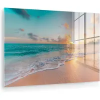 MuchoWow Glasschilderij - Foto op glas - Strand - Zon - Wolken - Zee - Zomer - Acrylglas - Wanddecoratie - Schilderij strand - Glas schilderij - 60x40 cm - Schilderijen woonkamer