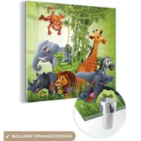 MuchoWow Glasschilderij 50x50 cm - Schilderij acrylglas - Jungle dieren - Planten - Kinderen - Olifant - Giraf - Leeuw - Foto op glas - Schilderijen
