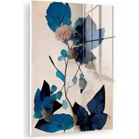 MuchoWow Glasschilderij 60x80 cm - Schilderij acrylglas - Planten - Bladeren - Blauw - Bloemen - Foto op glas - Muurdecoratie woonkamer - Wanddecoratie slaapkamer - Schilderijen