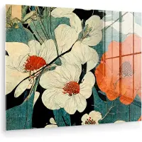 MuchoWow Glasschilderij 160x120 cm - Schilderij acrylglas - Bloemen - Planten - Vintage - Azië - Oranje - Foto op glas - Muurdecoratie woonkamer - Wanddecoratie slaapkamer - Schilderijen