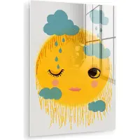 MuchoWow Glasschilderij 60x80 cm - Schilderij acrylglas - Zon - Gezicht - Geel - Wolken - Regen - Foto op glas - Muurdecoratie woonkamer - Wanddecoratie slaapkamer - Schilderijen