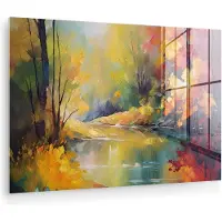 MuchoWow Glasschilderij 180x120 cm - Schilderij acrylglas - Landschap - Olieverf - Rivier - Kleurrijk - Foto op glas - Muurdecoratie woonkamer - Wanddecoratie slaapkamer - Schilderijen