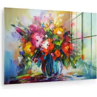 MuchoWow Glasschilderij 180x120 cm - Schilderij acrylglas - Bloemen - Kleurrijk - Bloempot - Olieverf - Foto op glas - Muurdecoratie woonkamer - Wanddecoratie slaapkamer - Schilderijen