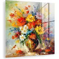 MuchoWow Glasschilderij 90x90 cm - Schilderij acrylglas - Bloemen - Kleurrijk - Olieverf - Bloempot - Foto op glas - Muurdecoratie woonkamer - Wanddecoratie slaapkamer - Schilderijen