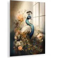 MuchoWow Glasschilderij 120x160 cm - Schilderij acrylglas - Pauw - Pauwenveren - Bloemen - Vogels - Botanisch - Foto op glas - Muurdecoratie woonkamer - Wanddecoratie slaapkamer - Schilderijen