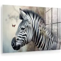 MuchoWow Glasschilderij 180x120 cm - Schilderij acrylglas - Zebra - Wilde dieren - Vlinder - Bloemen - Foto op glas - Muurdecoratie woonkamer - Wanddecoratie slaapkamer - Schilderijen