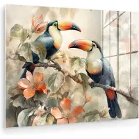 MuchoWow Glasschilderij 160x120 cm - Schilderij acrylglas - Toekan - Vogels - Bloemen - Tak - Foto op glas - Muurdecoratie woonkamer - Wanddecoratie slaapkamer - Schilderijen