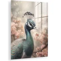 MuchoWow Glasschilderij 60x80 cm - Schilderij acrylglas - Pauw - Vogels - Bloemen - Boom - Botanisch - Foto op glas - Muurdecoratie woonkamer - Wanddecoratie slaapkamer - Schilderijen