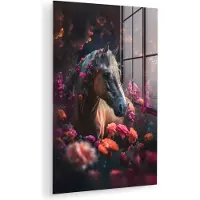 MuchoWow Glasschilderij 120x180 cm - Schilderij acrylglas - Paard - Bloemen - Paars - Oranje - Dieren - Foto op glas - Muurdecoratie woonkamer - Wanddecoratie slaapkamer - Schilderijen