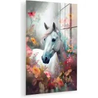 MuchoWow Glasschilderij 120x180 cm - Schilderij acrylglas - Paard - Natuur - Bloemen - Dieren - Bos - Foto op glas - Muurdecoratie woonkamer - Wanddecoratie slaapkamer - Schilderijen