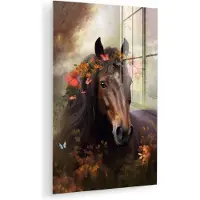 MuchoWow Glasschilderij 120x180 cm - Schilderij acrylglas - Paard - Dieren - Bloemen - Bos - Vlinder - Foto op glas - Muurdecoratie woonkamer - Wanddecoratie slaapkamer - Schilderijen
