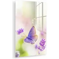 MuchoWow Glasschilderij 60x90 cm - Schilderij acrylglas - Lavendel - Vlinder - Bloemen - Foto op glas - Muurdecoratie woonkamer - Wanddecoratie slaapkamer - Schilderijen