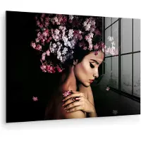 MuchoWow Glasschilderij vrouw - Bloemen - Roze - Schilderijen woonkamer - Foto op glas - Glasplaat - Kamer decoratie - 60x40 cm - Wanddecoratie - Muurdecoratie - Slaapkamer - Schilderij glas